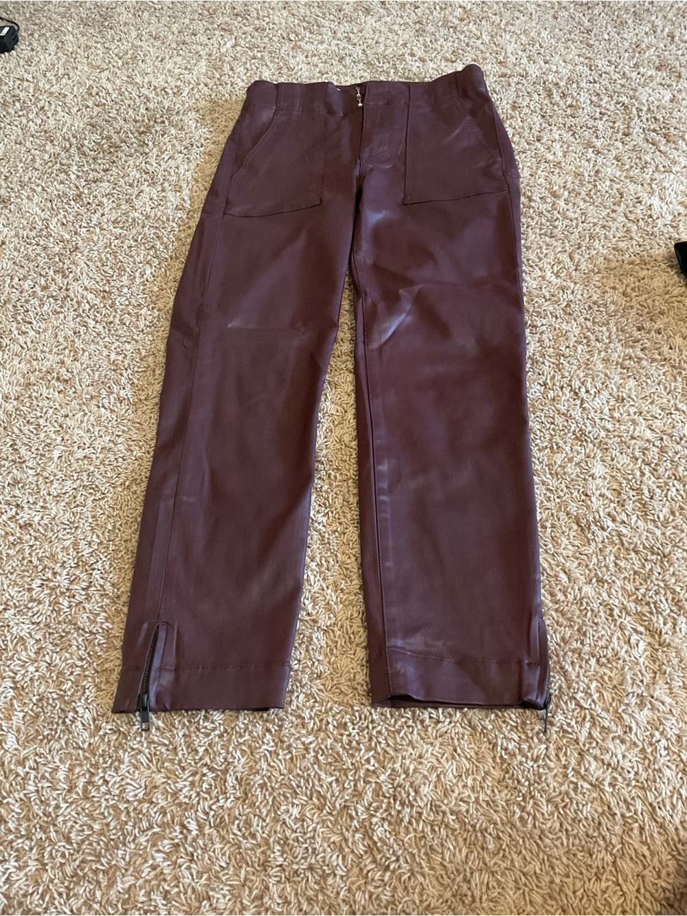 Kut from the Kloth Coated Women's Burgundy Straight-Leg Pants with Ankle Zips